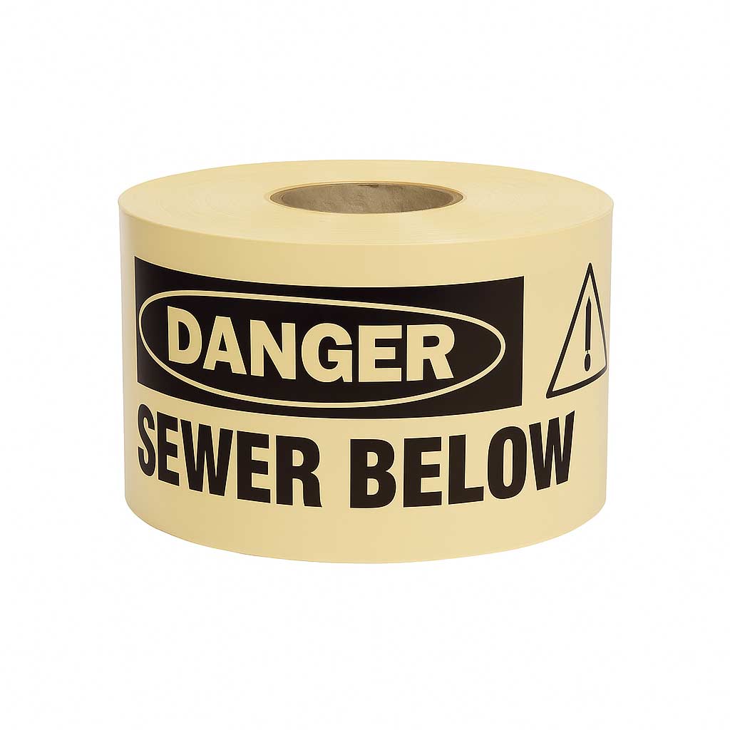 Underground Warning Tape: Danger Buried Sewer Main Below 150mm X 500m Underground Warning Tape: Danger Buried Sewer Main Below 150mm X 500m